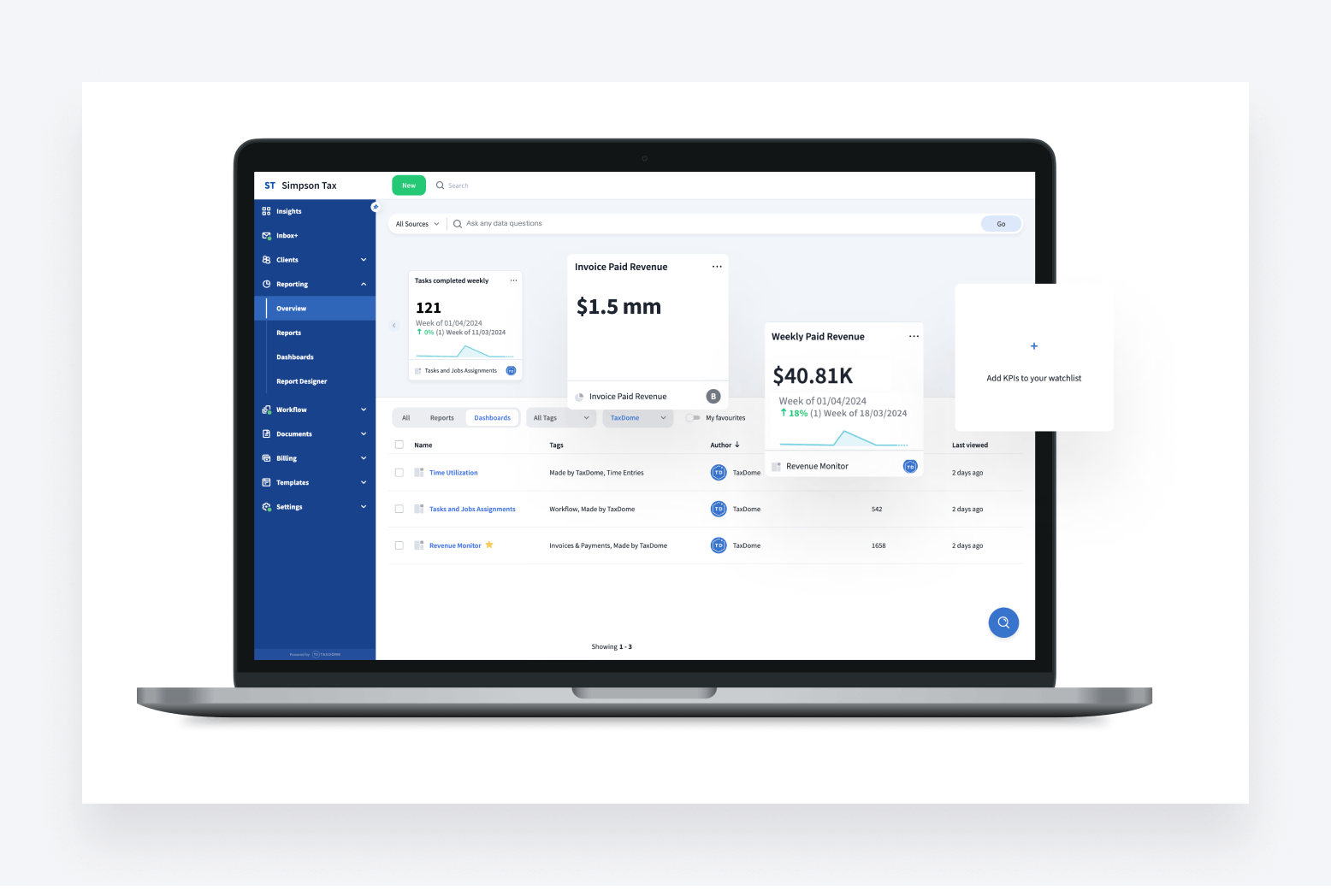 TaxDome’s overview page for its new AI-powered reporting feature, displaying revenue data and more. 