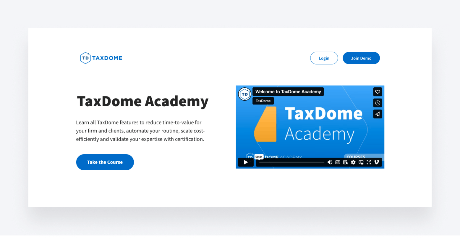 The main webpage for TaxDome Academy, where you can watch a welcome video and start various courses.