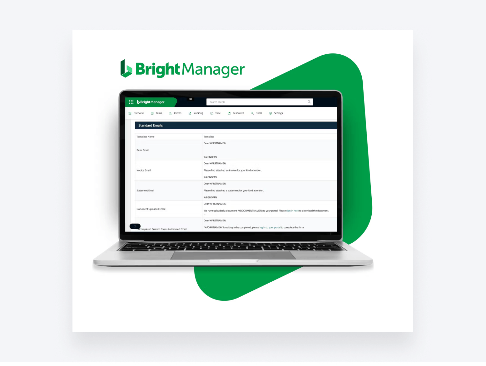 A laptop showing BrightManager's user interface.