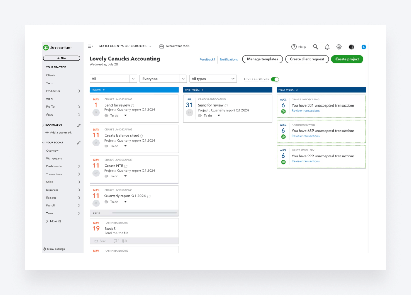 Screenshot showcasing QuickBooks’ practice management solution