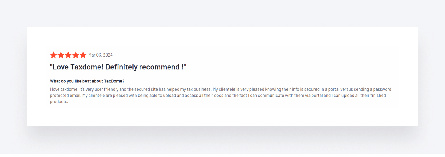 Image showcasing positive feedback on TaxDome's client portal.