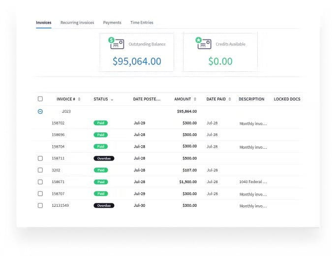 Screenshot showcasing TaxDome’s billing capabilities