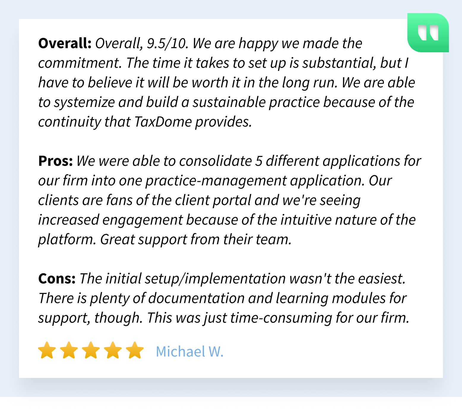 Screenshot showcasing review on TaxDome's practice management software