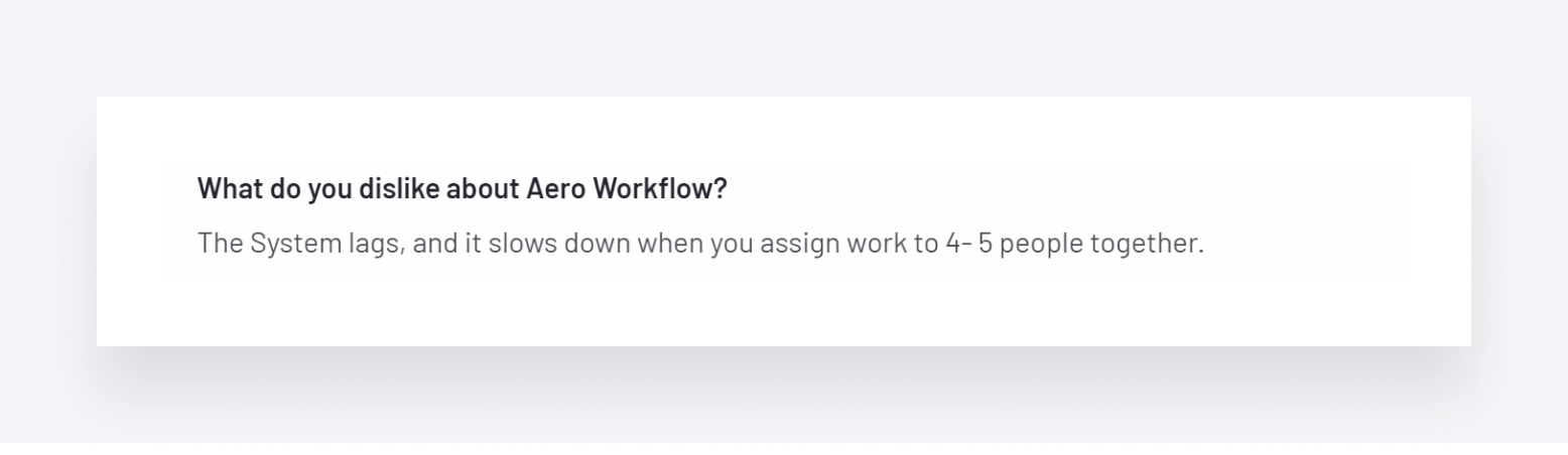 A user review of Aero Workflow, mentioning how the platform can suffer from poor performance and lags.