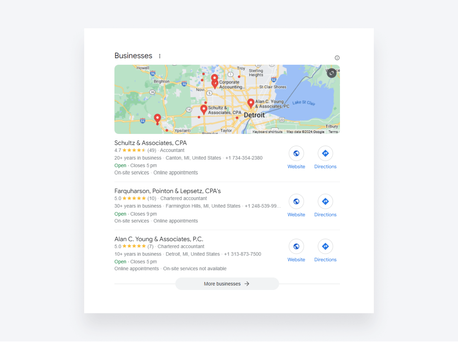Examples of local accounting firms in Detroit with a Google My Business profile.