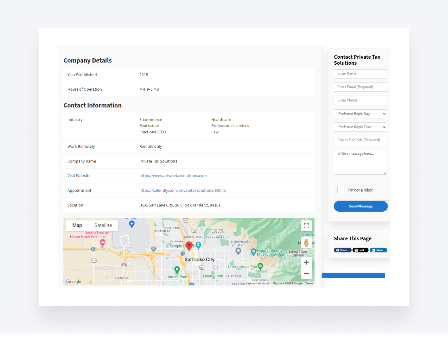 A business profile page on TaxDome Advisors, an online directory for accounting and tax firms.