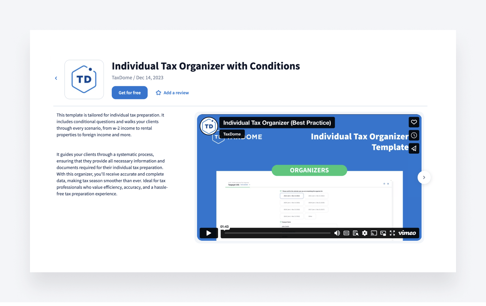 A free template on the TaxDome Marketplace: Individual Tax Organizer with Conditions.