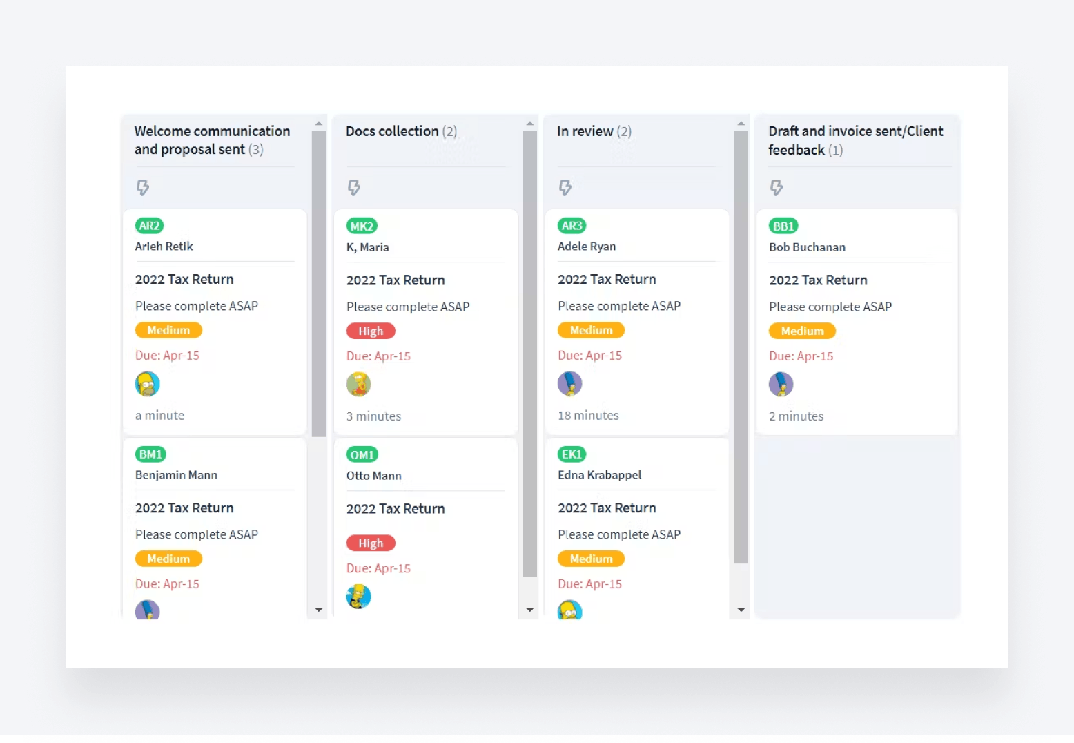 TaxDome's workflow automation, showing a kanban view of different automation stages within a pipeline.