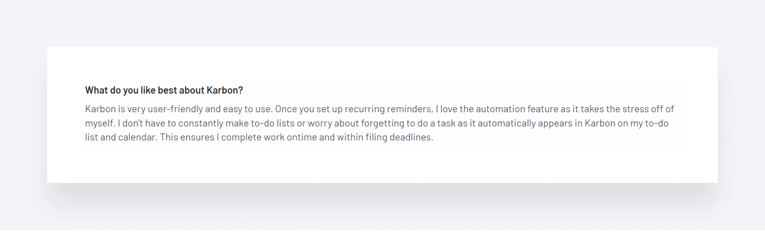 A positive review of Karbon on G2, explaining that the platform is user friendly.