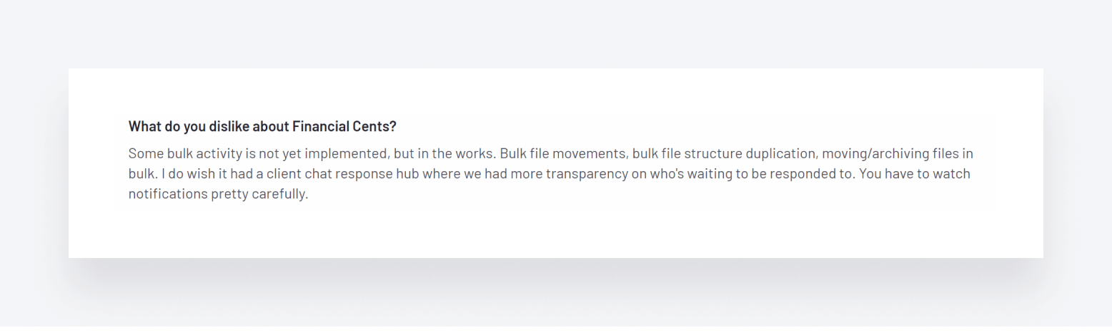 A user review sharing some concerns about Financial Cents' lack of bulk actions.