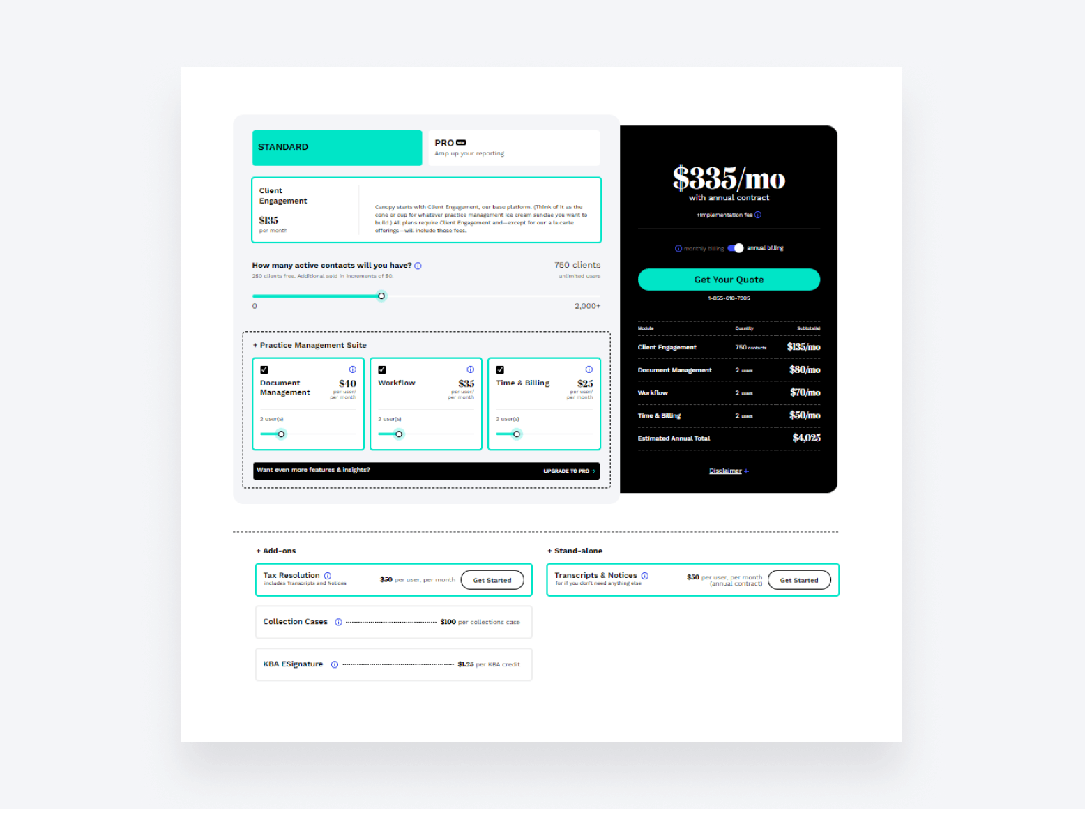 A screenshot of Canopy's pricing page, showing the various modules and add-ons. 