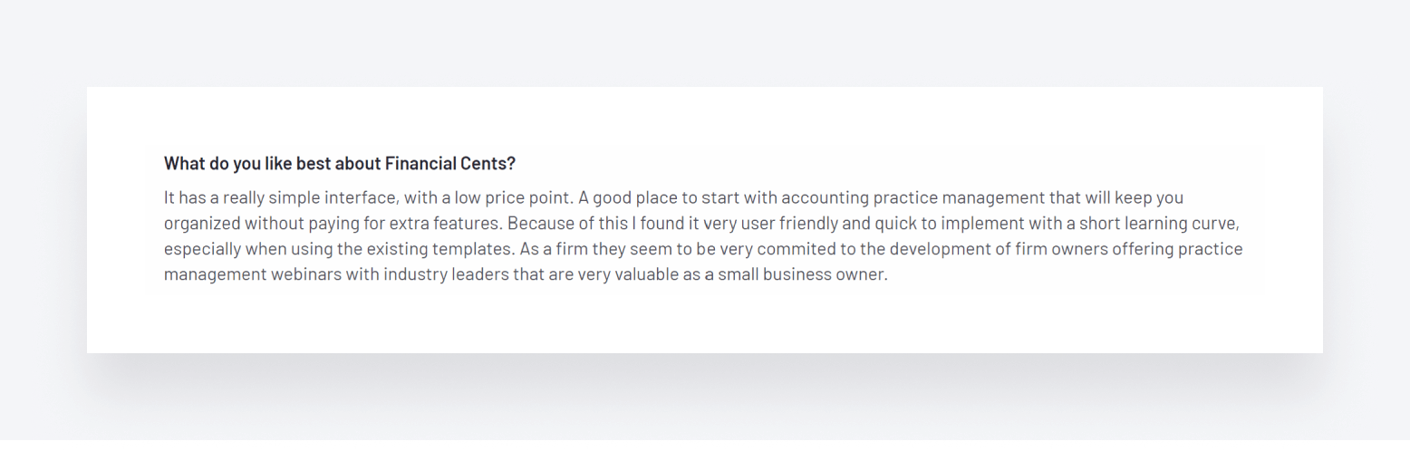 A user review explaining that Financial Cents is easy to use and fairly priced.