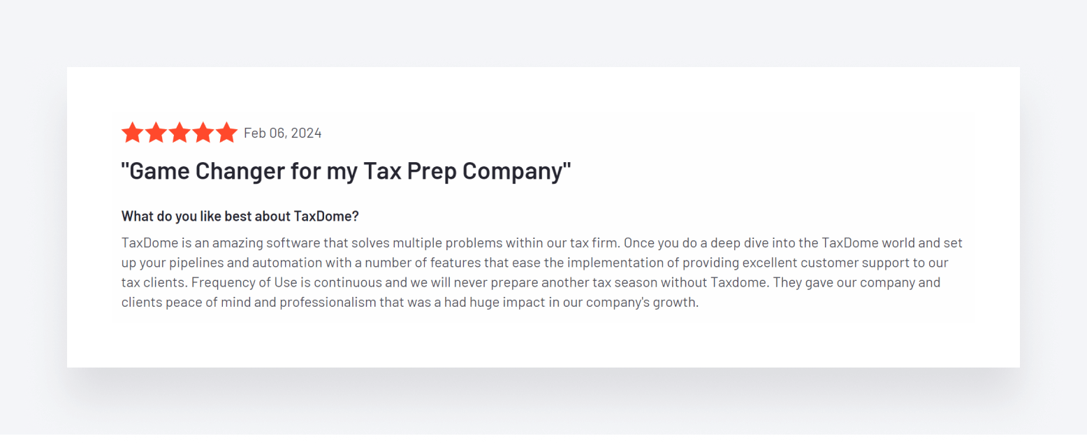 A positive TaxDome review, focusing on the problems the software solves for this user.