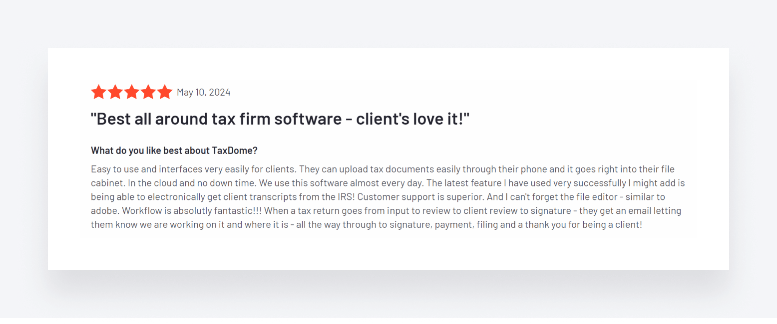 A positive TaxDome review, focusing on various features, including the client mobile app.