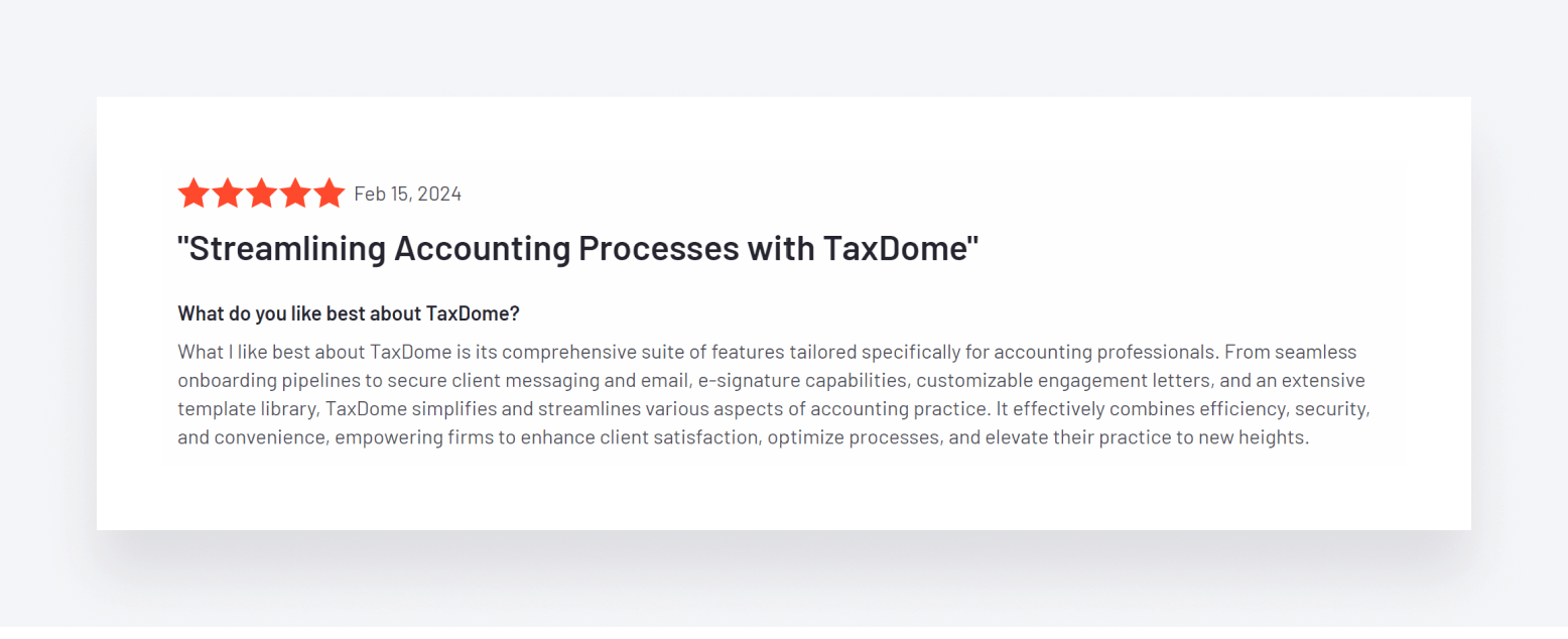 An online user review of TaxDome, explaining how comprehensive the platform is.