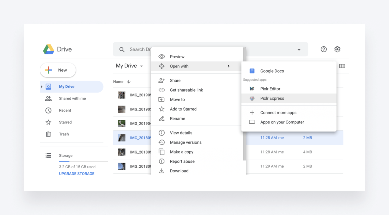 A screenshot of Google Drive, showing some of the different options and apps available.