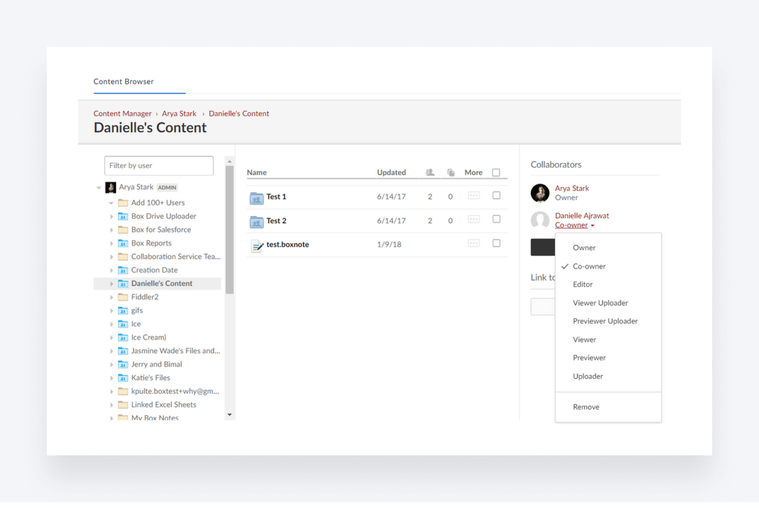 Box's content browser interface, showing documents organized into different files.