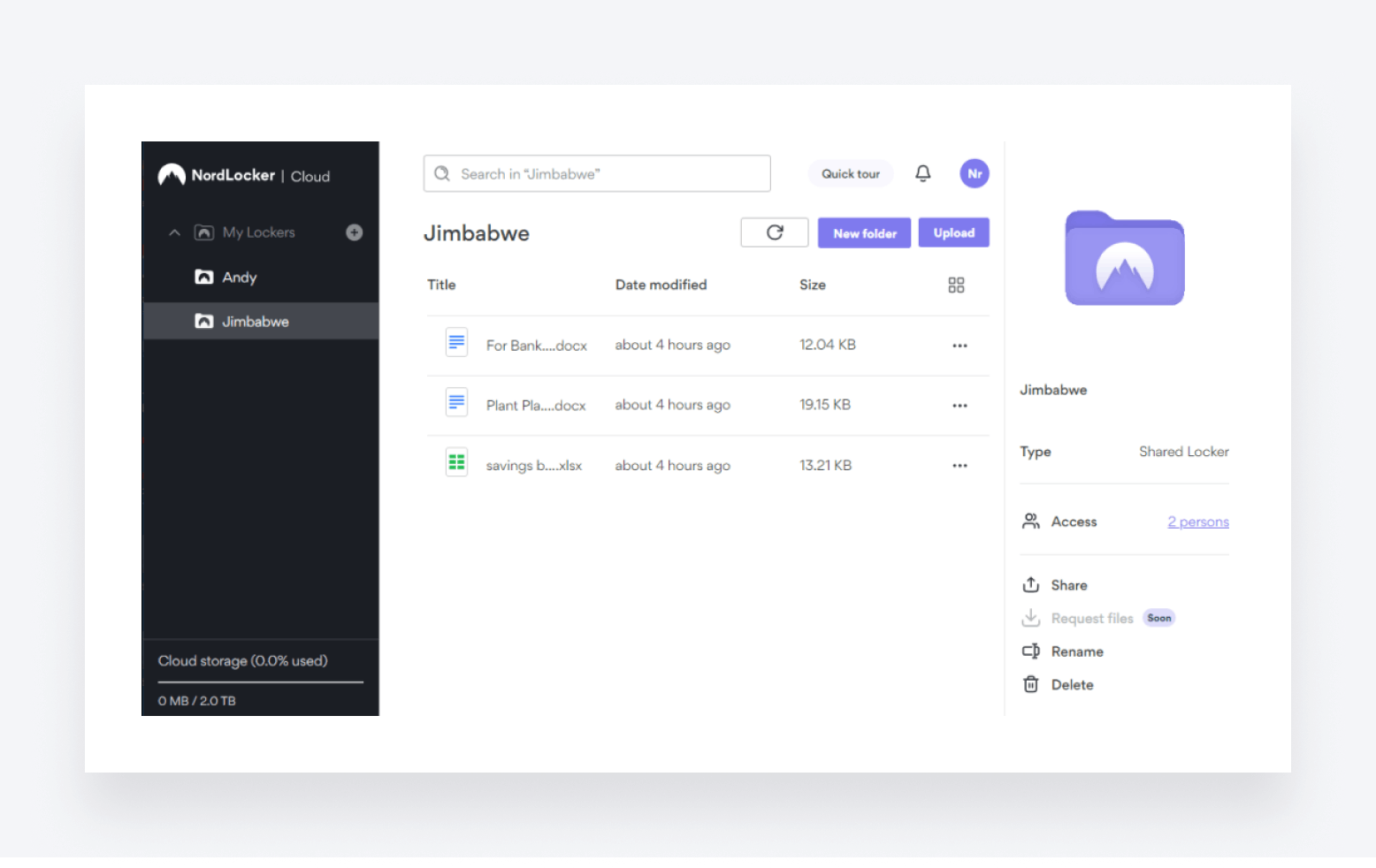 A screenshot of NordLocker, a security-focused file sharing platform.