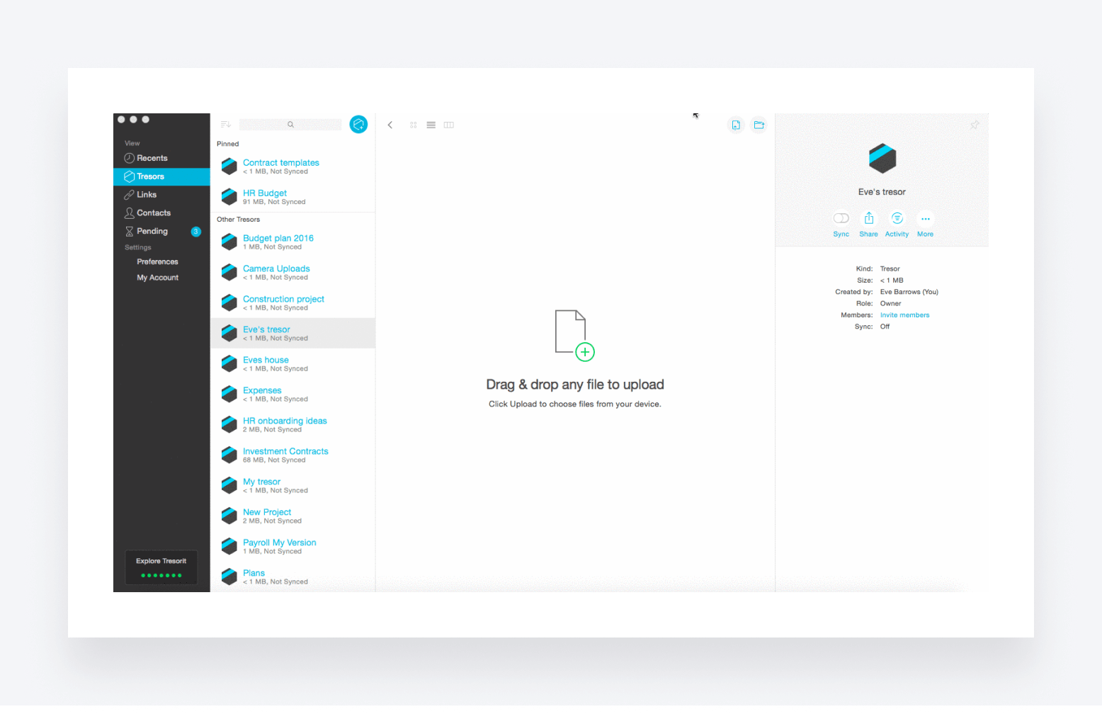 Tresorit's file sharing platform, showing how files can be dragged and dropped into secure storage.