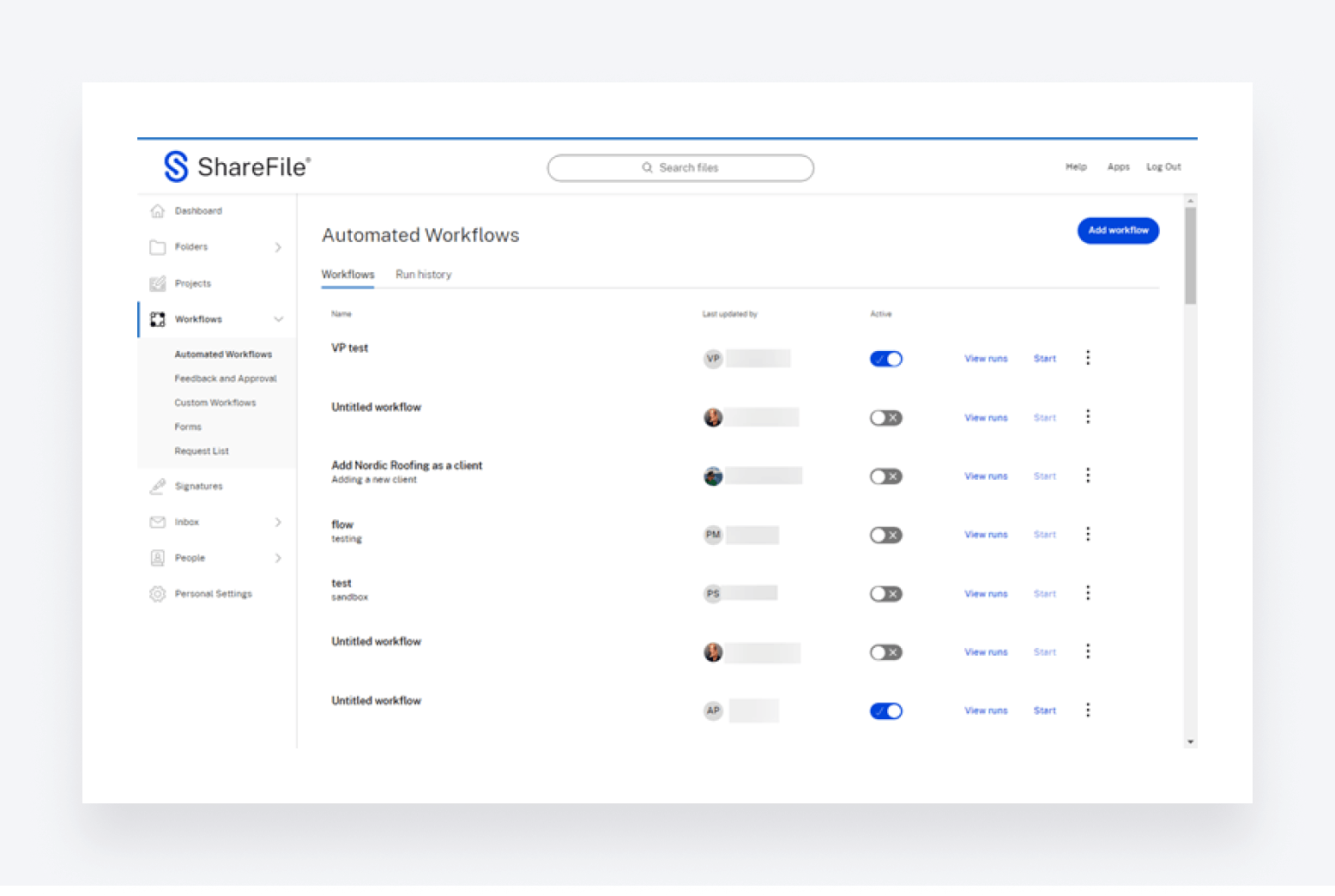 A view of ShareFile's automated workflows page.