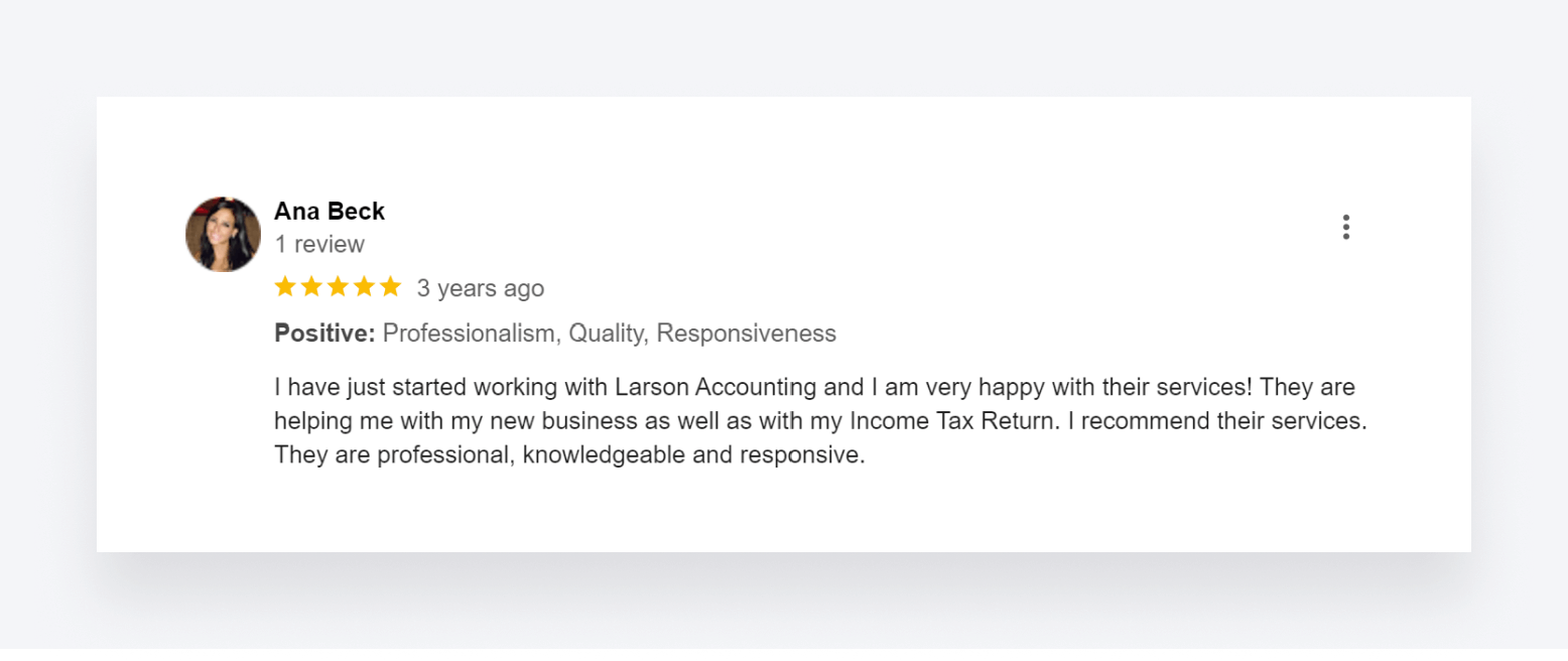 A positive client review of Larson Accounting Group.