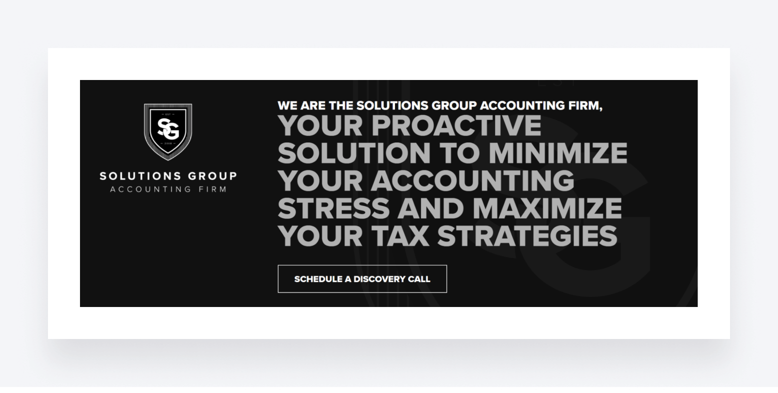 A screenshot of the Solutions Group Accounting Firm homepage.