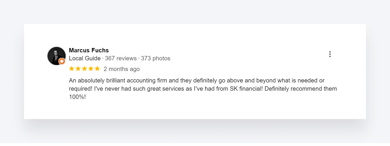 A positive online review of SK Financial CPA.