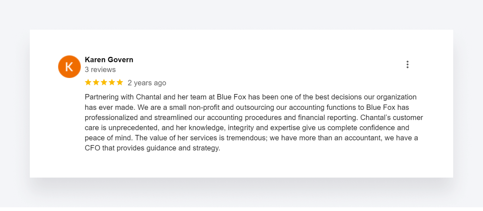 A positive online review of Blue Fox, an accounting firm based in Florida.