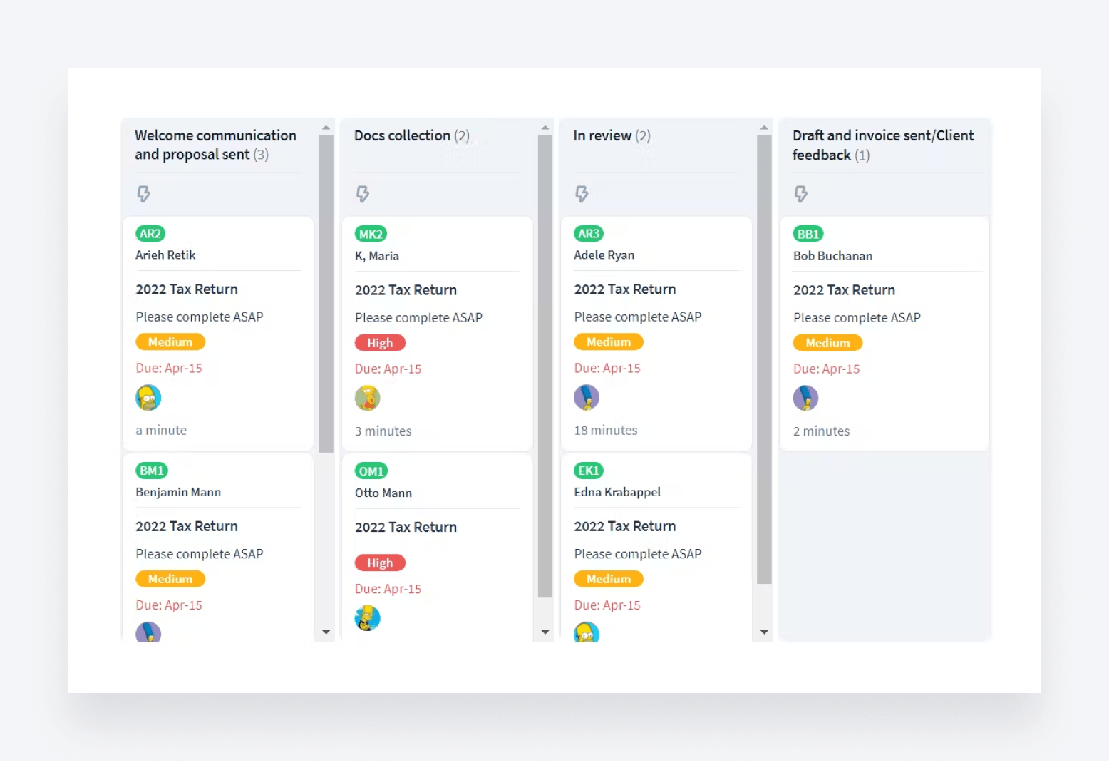 TaxDome's Kanban board for viewing client jobs on a wider workflow. 