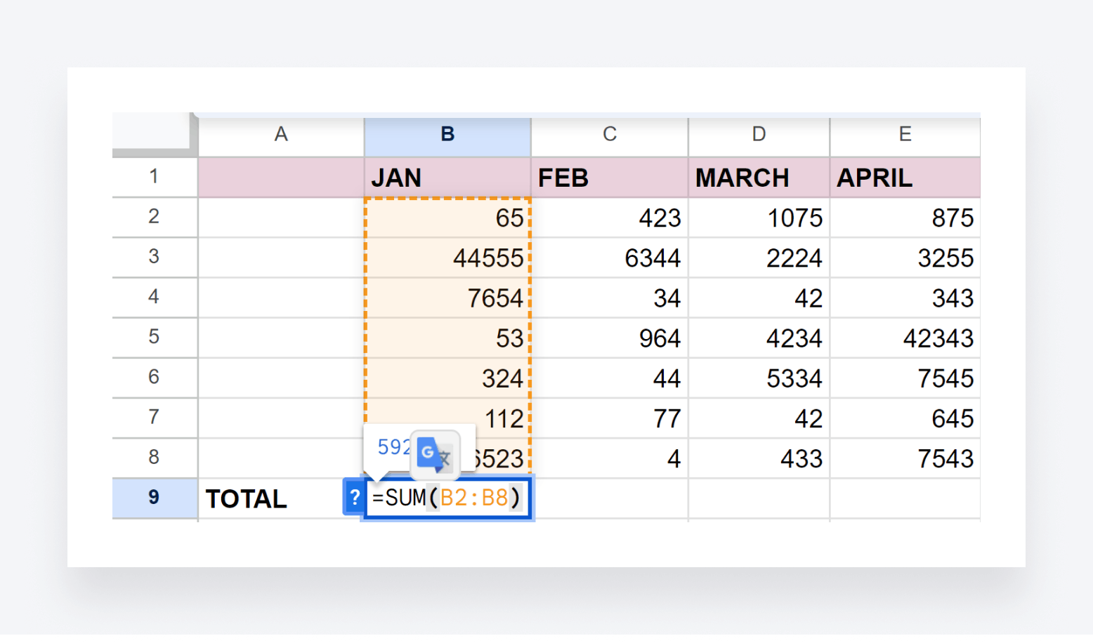 A screenshot of the SUM function in Excel.