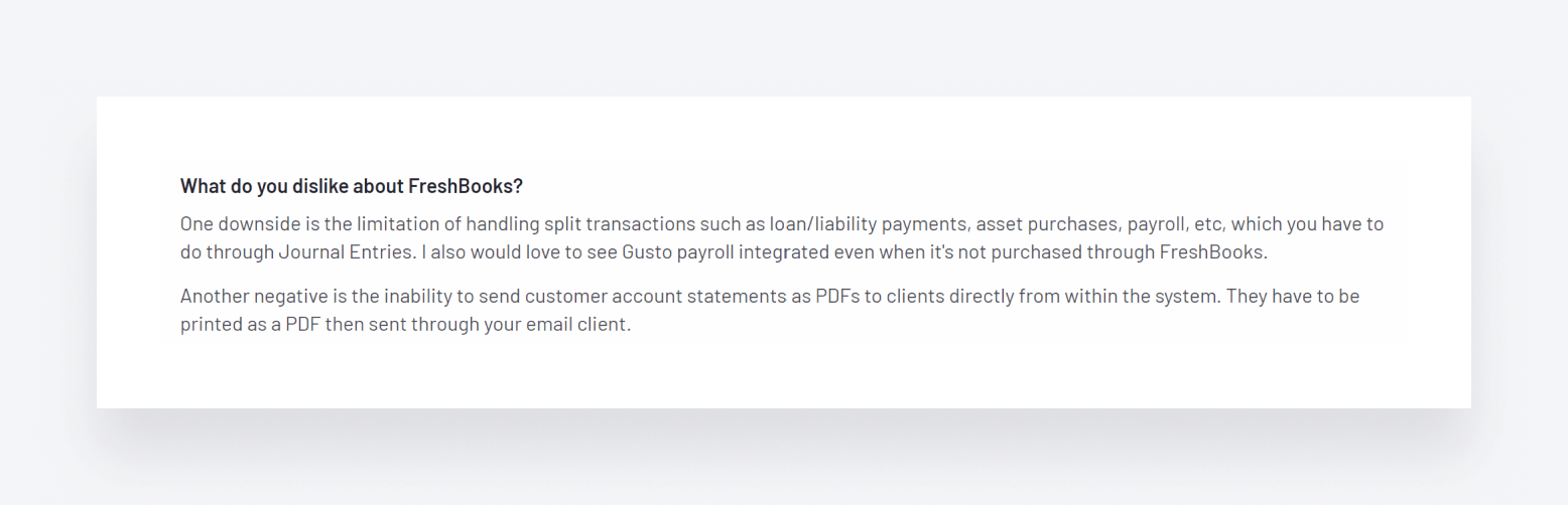A negative FreshBooks user review, criticizing some of the platform's limitations.