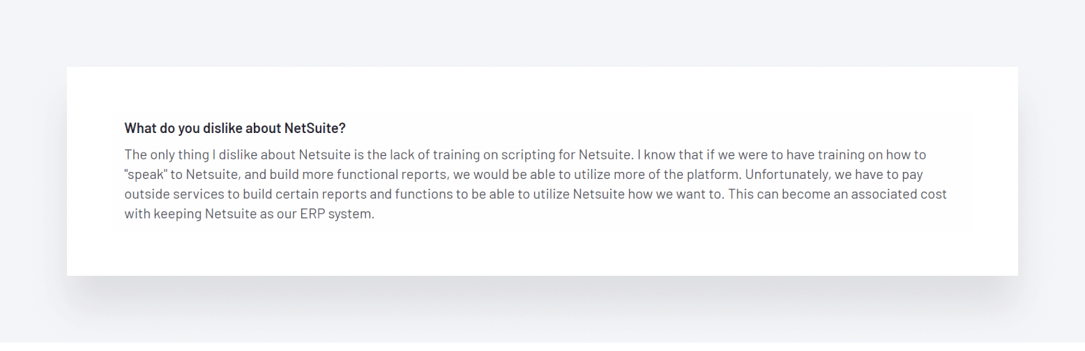 A review of NetSuite, explaining how the platform's complexity often requires the need for external help.