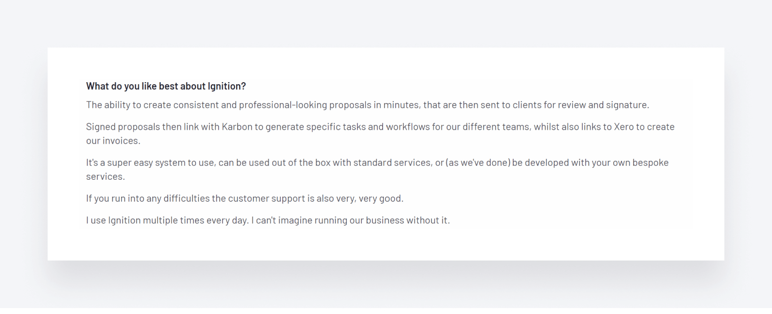 A positive G2 review of Practice Ignition, listing the features the user loves.