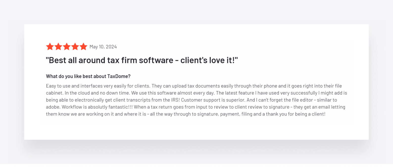 A positive TaxDome review, explaining that it's the best all-round software for tax firms.