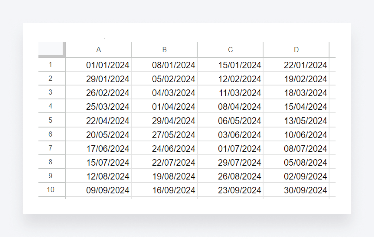 A series of dates in Excel created using the SEQUENCE function.