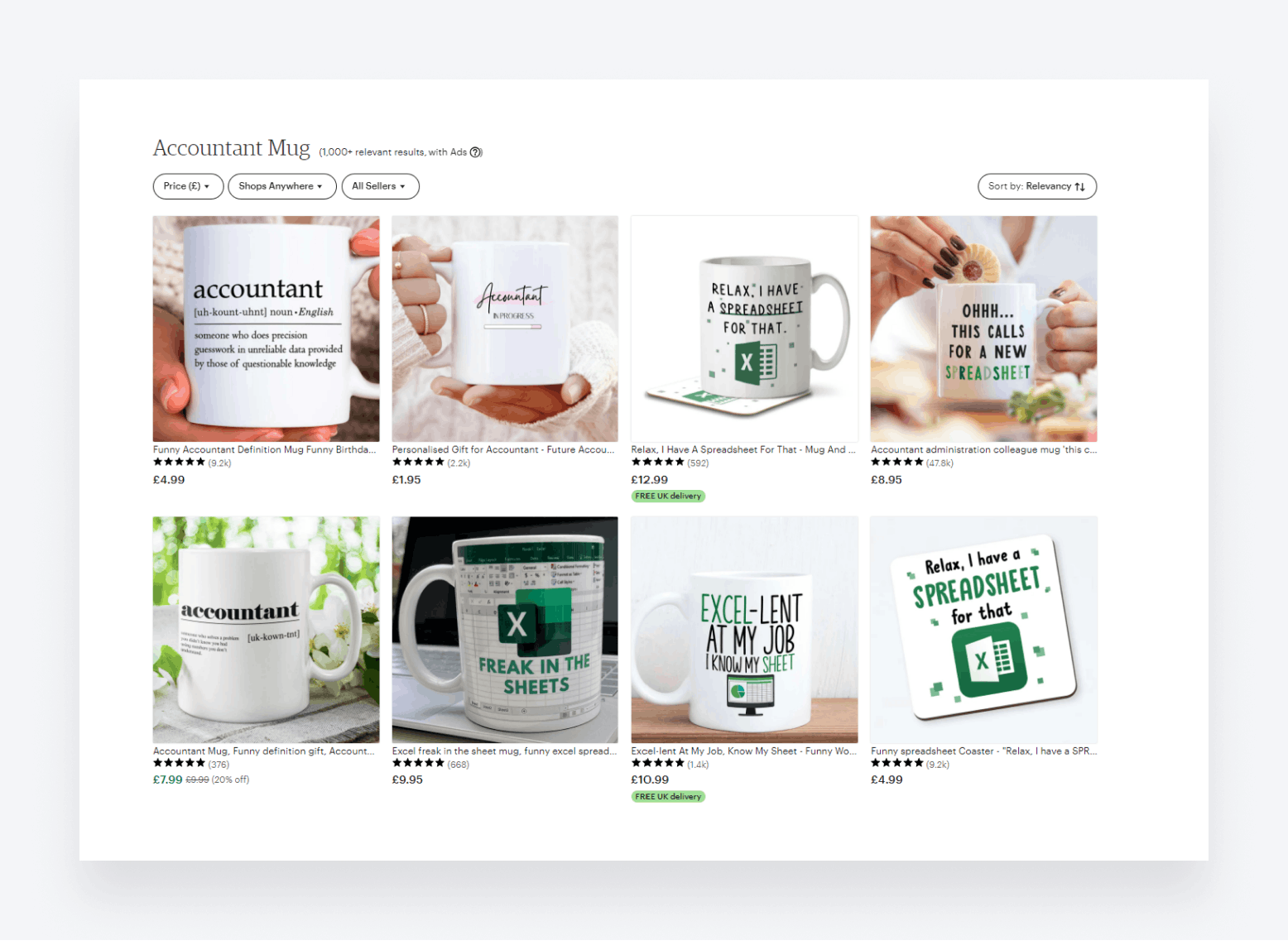 A screenshot from Etsy, showing examples of mugs designed for accountants.