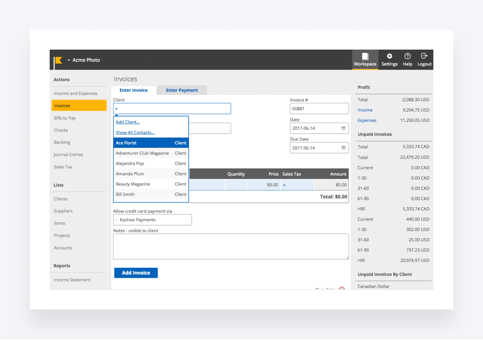 A screenshot of Kashoo's invoicing feature.