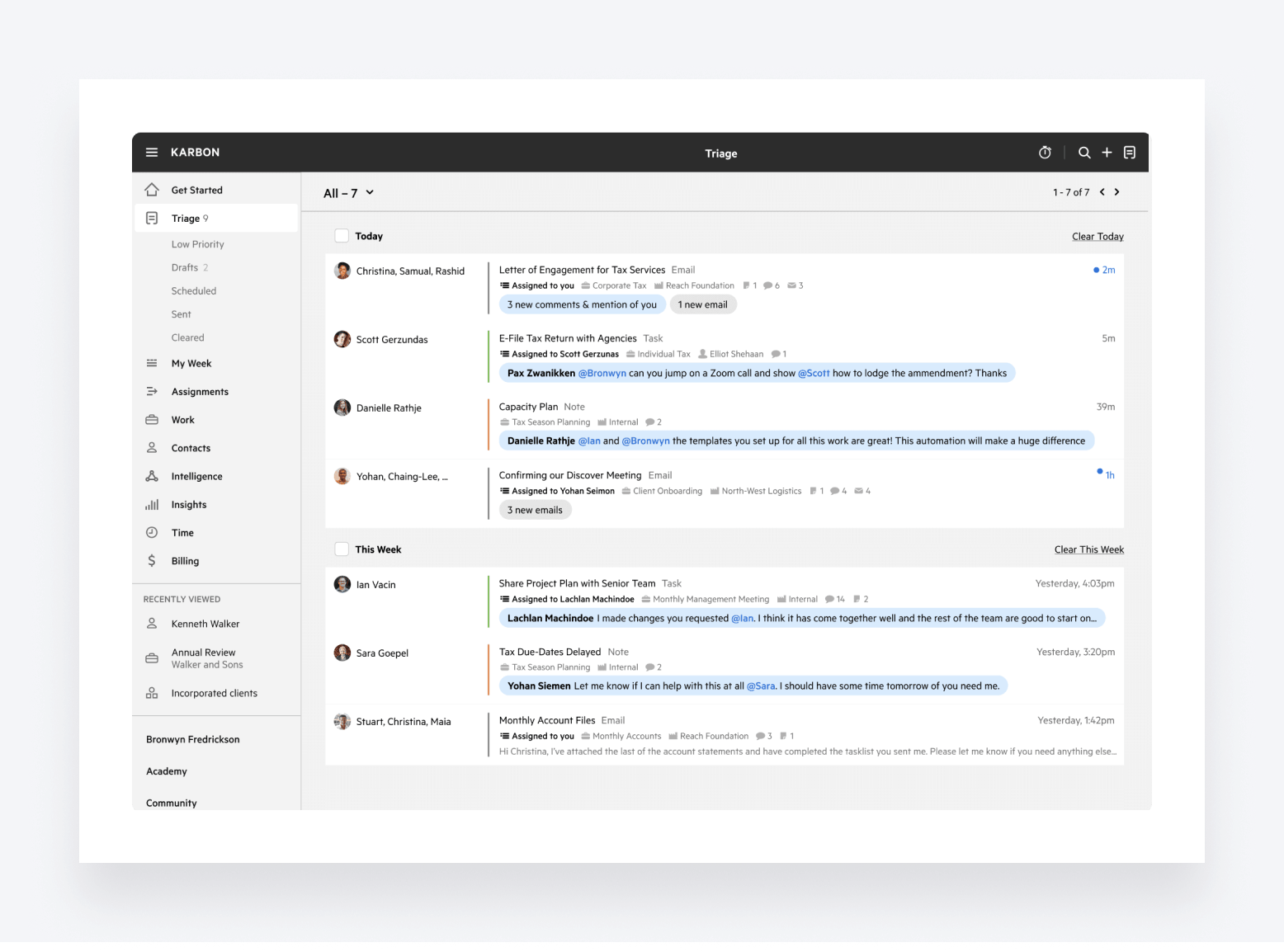 A view of Karbon's email triage feature.