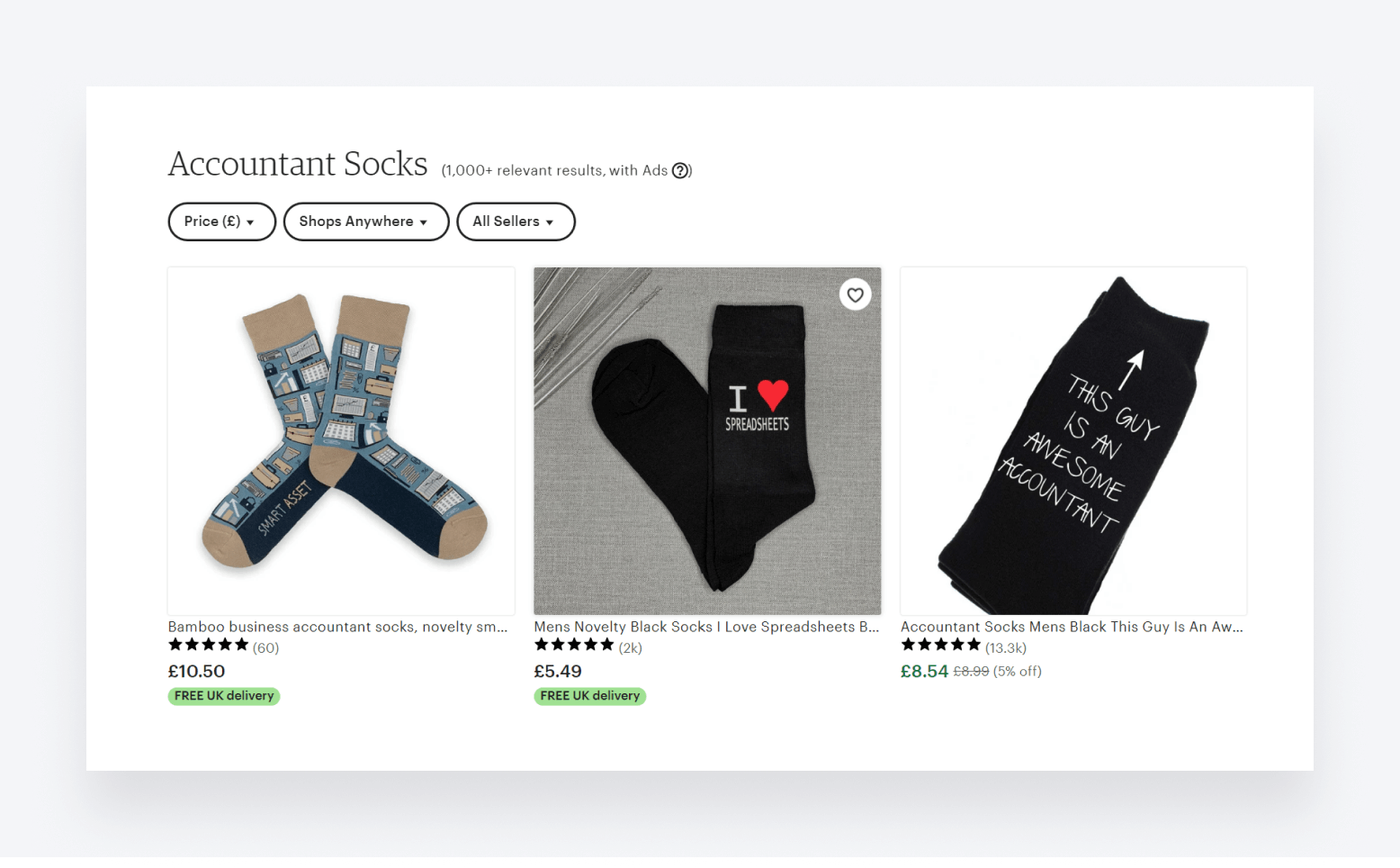 Examples of socks for accountants on Etsy.