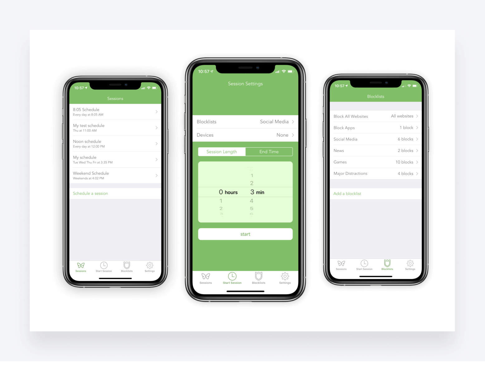 Three different views of Freedom app, which blocks online distractions to boost focus and productivity.