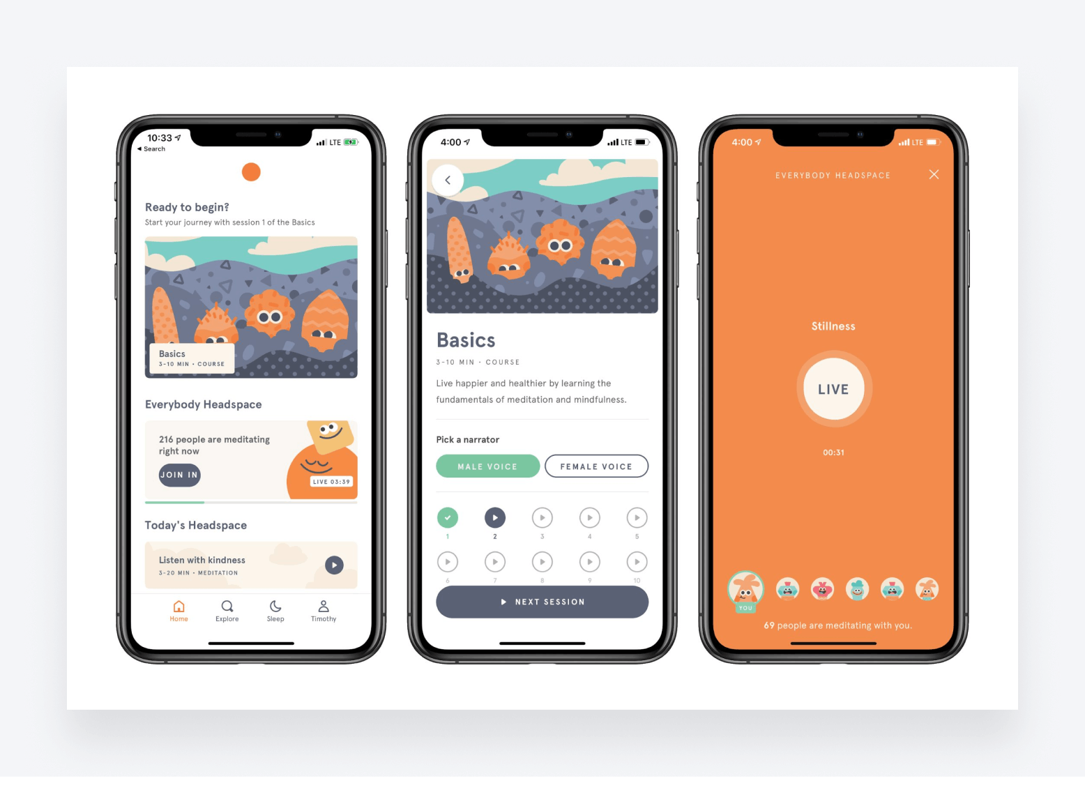 Three smartphone views showing Headspace, a popular mental health app.