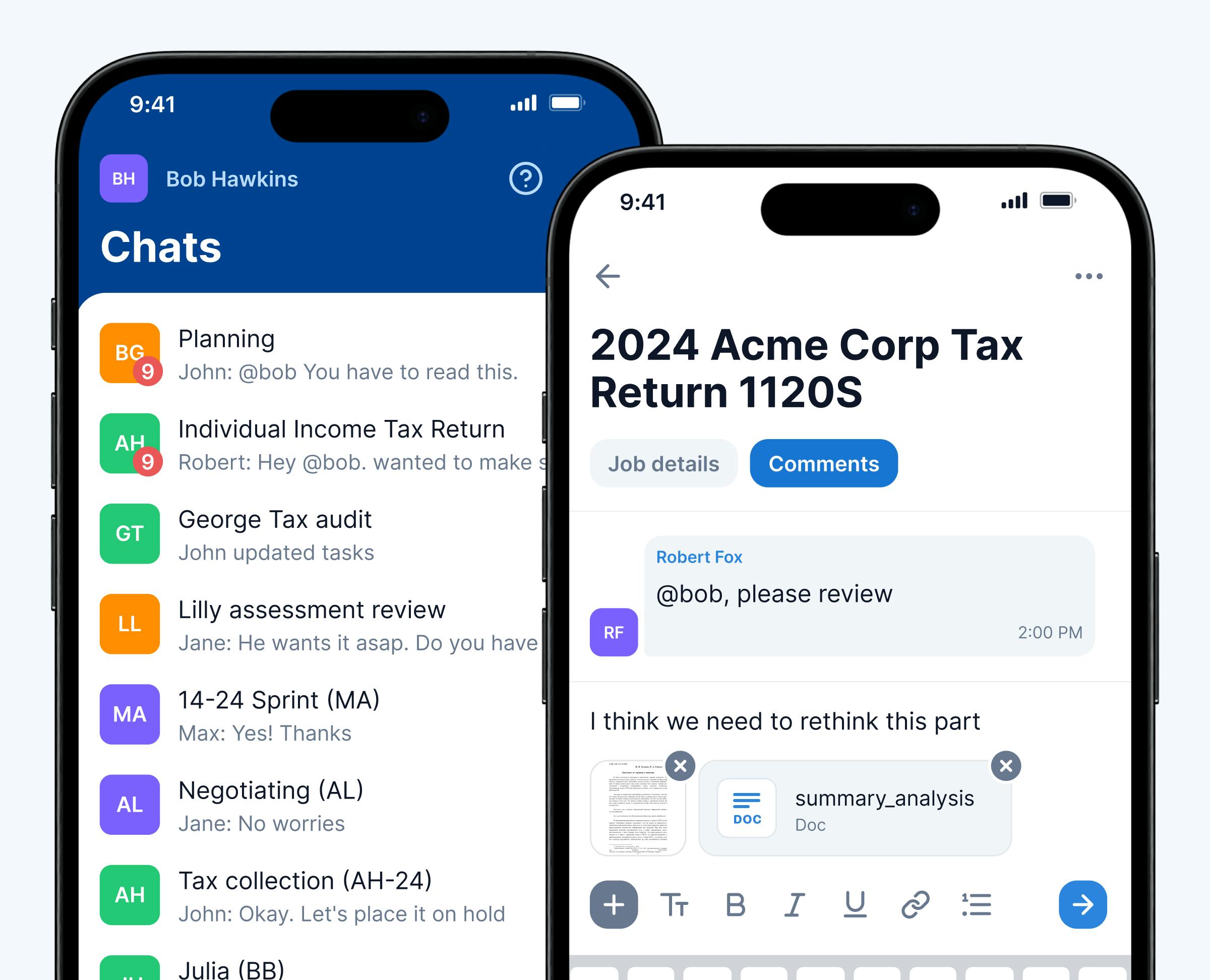 TaxDome's Firm mobile app organized chats, job details option, and job comments.