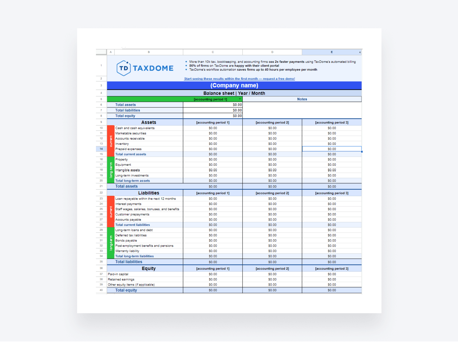 A screenshot of a free balance sheet template provided by TaxDome.