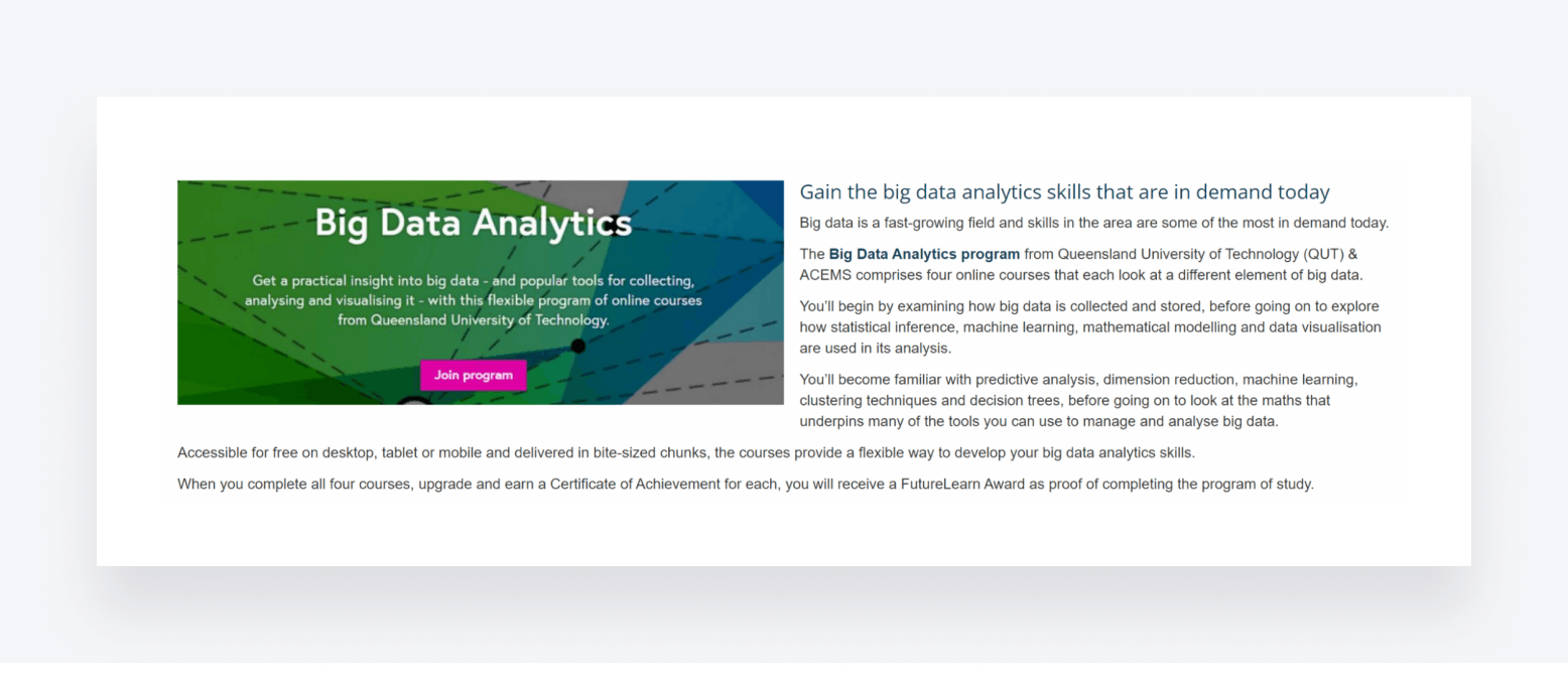 A description of a free online course on big data analytics provided by the Queensland University of Technology.