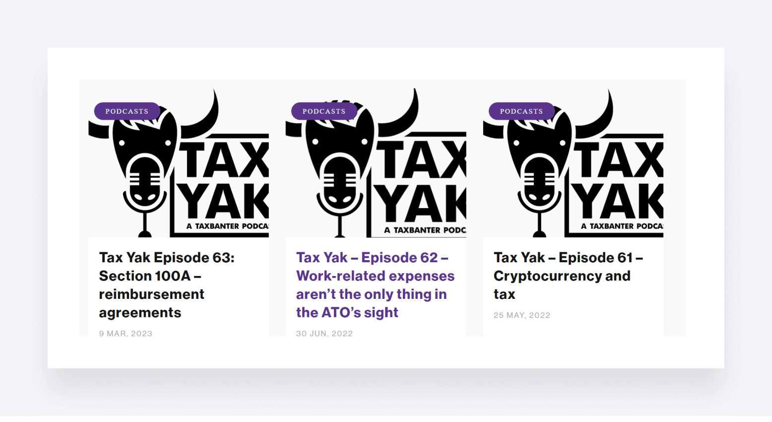 A screenshot showing episodes of the Tax Yak podcast - a popular tax-related podcast for accounting professionals.