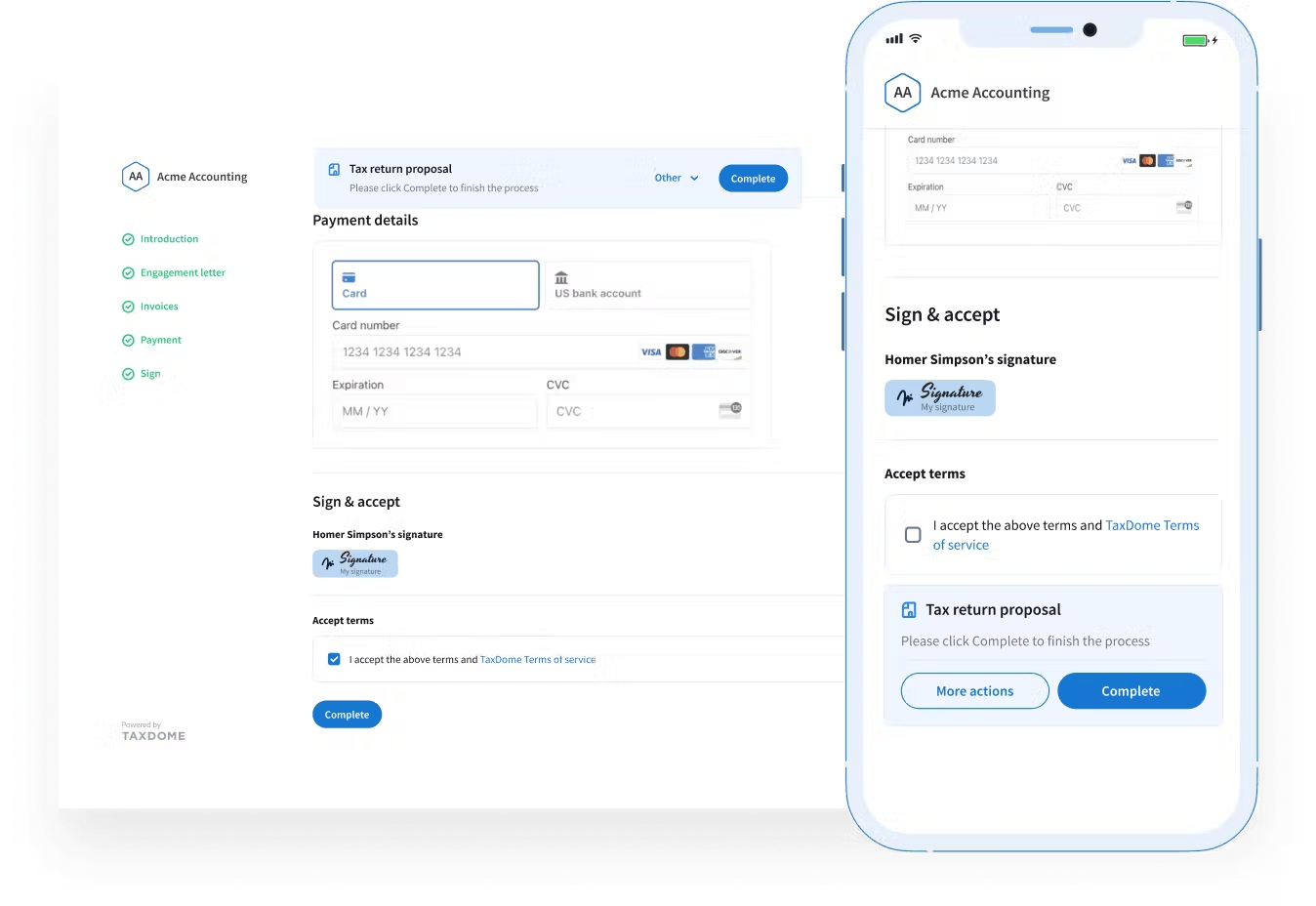 TaxDome's Proposals and Engagement Letter feature, as seen from the client's side on both desktop and mobile.