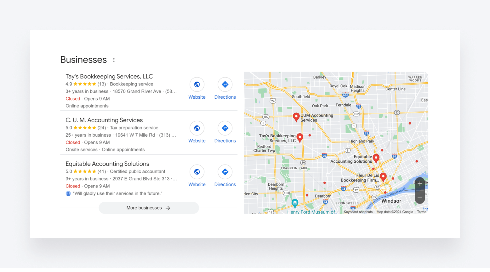 Local businesses with a Google Business Profile appearing in a Google search.