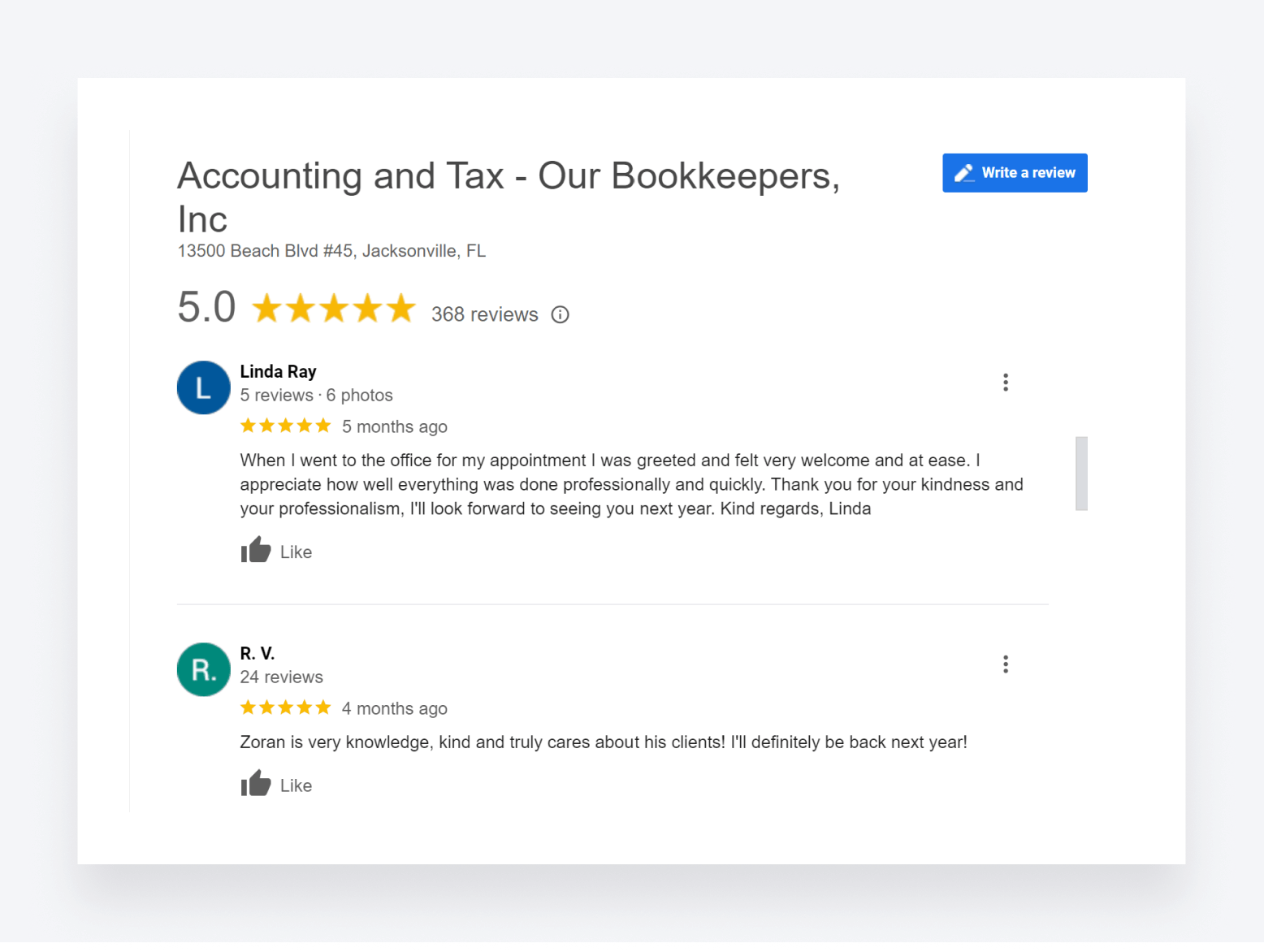 A screenshot of an online client review of a accounting and bookkeeping business.