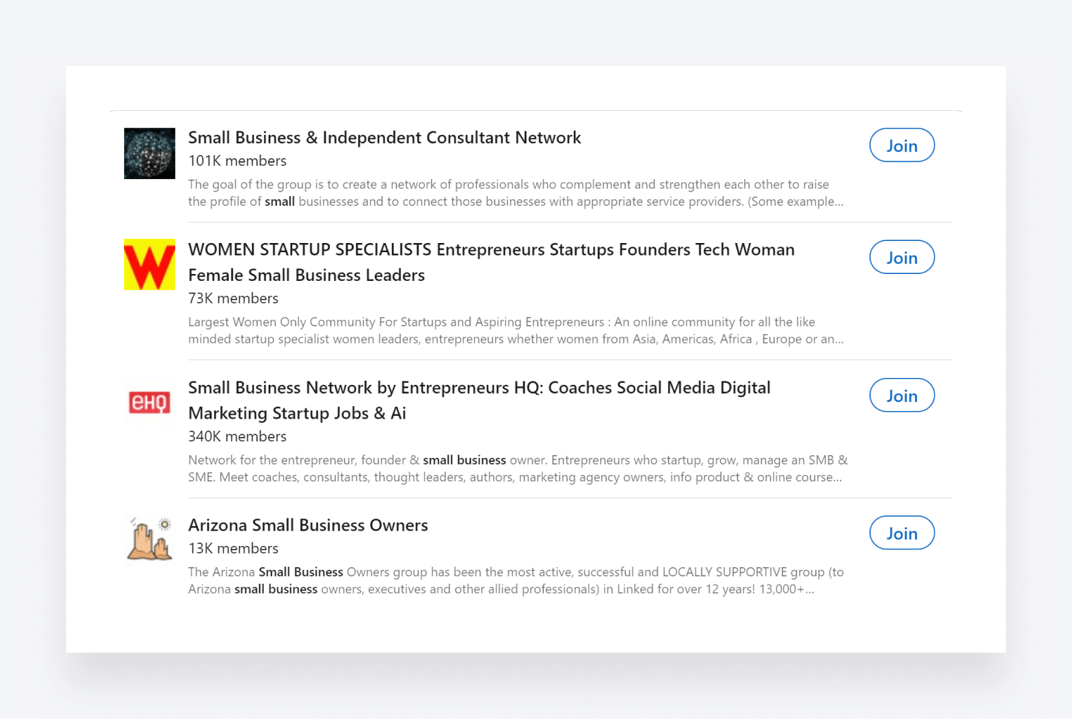 Examples of LinkedIn groups for startup and small-business owners
