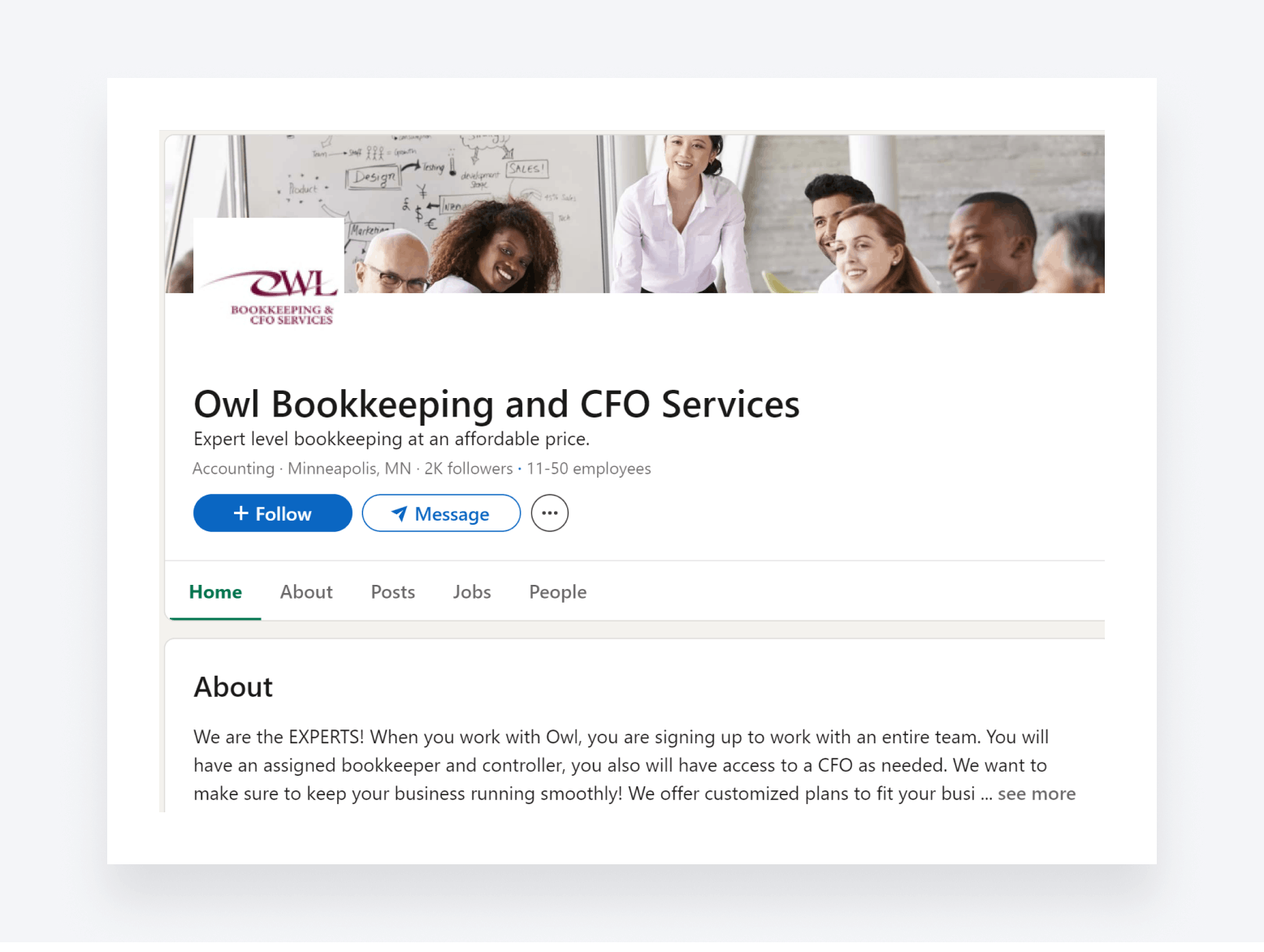 An example of a LinkedIn profile for a bookkeeping business.